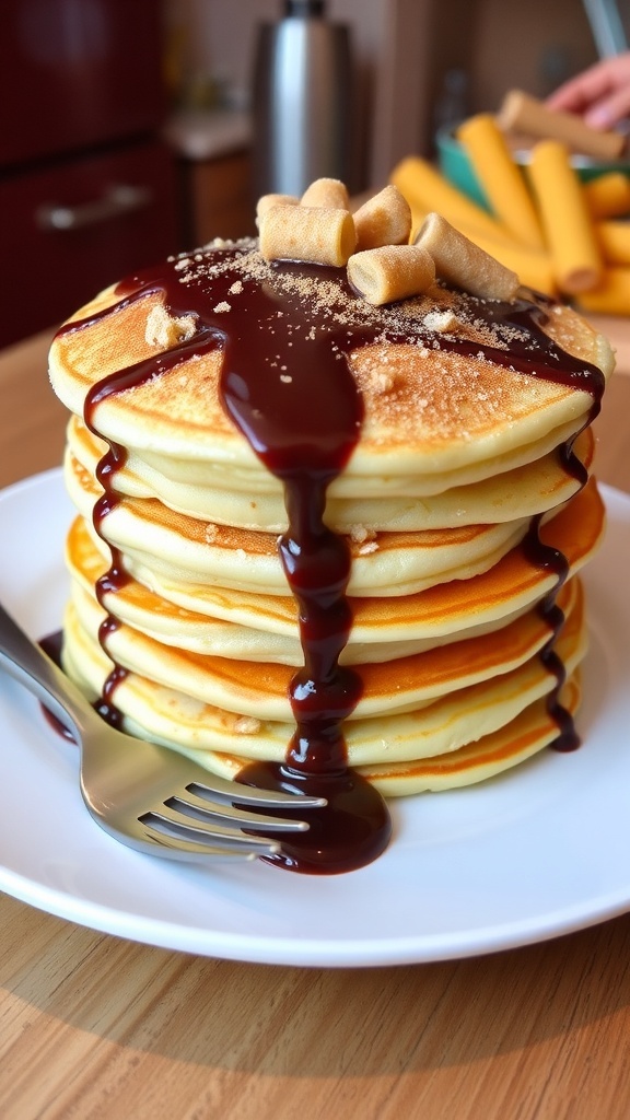 Fluffy churro pancakes topped with cinnamon sugar and chocolate sauce on a white plate.